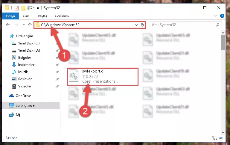 Swfexport.dll dosyasını Windows/System32 dizinine yapıştırma
