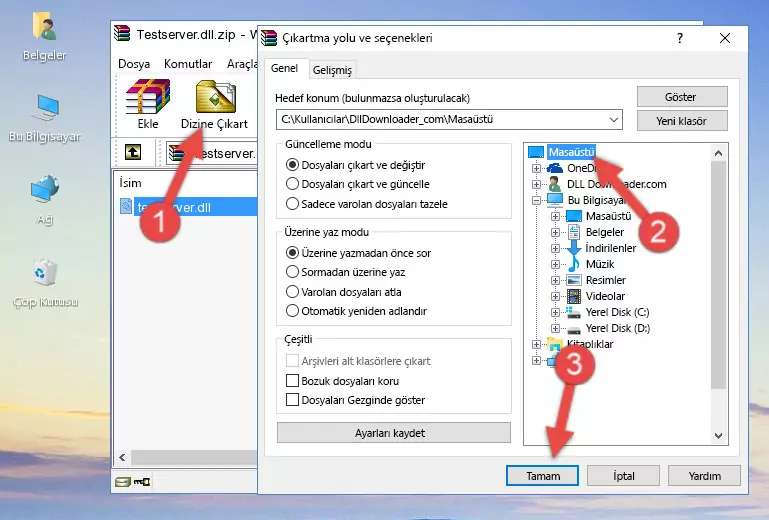 Testserver.dll kütüphanesini Windows/System32 klasörüne yapıştırma