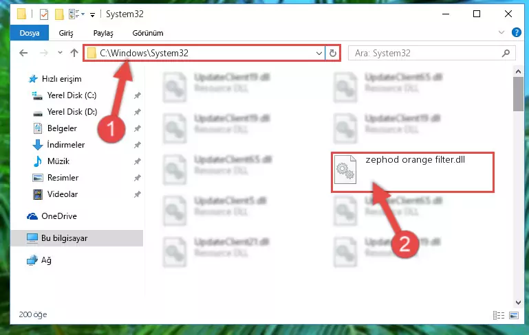 Zephod orange filter.dll kütüphanesini Windows/System32 klasörüne kopyalama