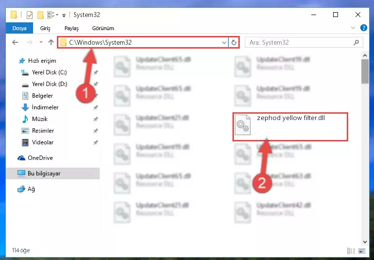 Zephod yellow filter.dll kütüphanesini Windows/System32 klasörüne kopyalama